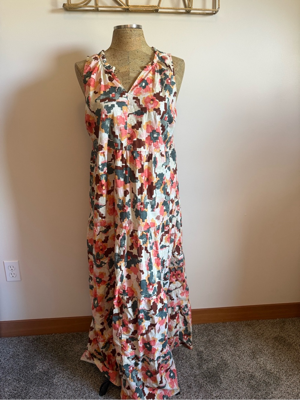 Sonoma Aztec V-Neck Maxi Dress in Coral, Teal, Cream, and Brown